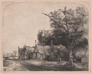 Landskab med tre gavlhuse ved siden af en vej af Rembrandt van Rijn