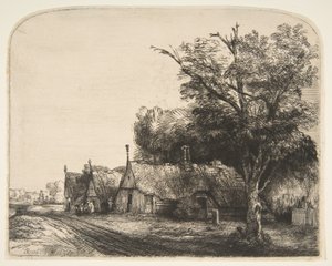 Landskab med tre gavlhuse ved siden af en vej, 1650. af Rembrandt van Rijn