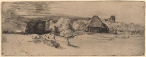 Landskab med træer, landbrugsbygninger og et tårn af Rembrandt van Rijn