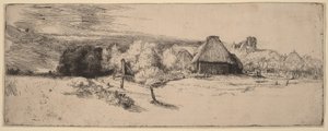Landskab med træer, landbrugsbygninger og et tårn af Rembrandt van Rijn