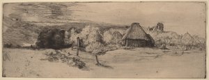 Landskab med træer, landbrugsbygninger og et tårn af Rembrandt van Rijn