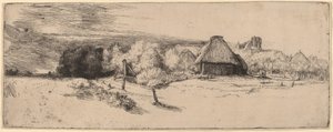 Landskab med træer, landbrugsbygninger og et tårn, ca. 1651. af Rembrandt van Rijn