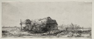 Landskab med hytte og hølade: Aflangt af Rembrandt van Rijn