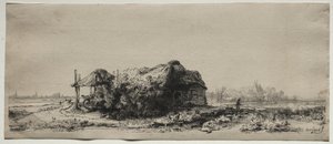 Landskab med hytte og hølade: Aflangt af Rembrandt van Rijn