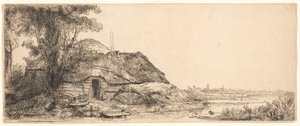 Landskab med et sommerhus og et stort træ af Rembrandt van Rijn