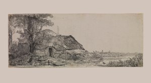 Landskab med et sommerhus og et stort træ af Rembrandt van Rijn