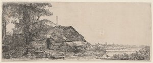 Landskab med en hytte og et stort træ af Rembrandt van Rijn