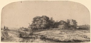 Landskab med en hølade og en flok får af Rembrandt van Rijn