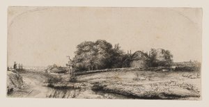 Landskab med en høstak og en flok får af Rembrandt van Rijn