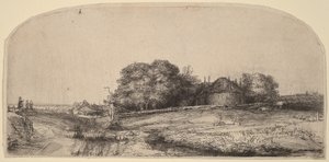 Landskab med en høstak og en flok får af Rembrandt van Rijn