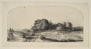 Landskab med en hølade og en flok får, 1652. af Rembrandt van Rijn