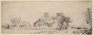 Landskab med en vej langs en kanal af Rembrandt van Rijn