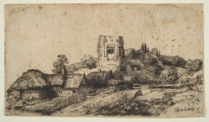 Landskab med et firkantet tårn, 1650. af Rembrandt van Rijn