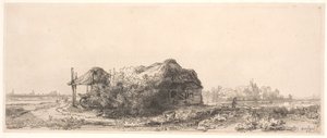 Landskab med en hytte og en høstak: aflang af Rembrandt van Rijn
