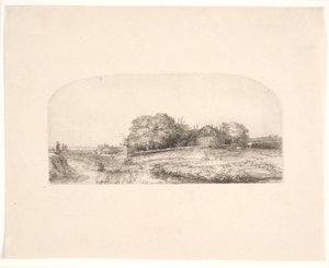 Landskab med en høstak og en flok får af Rembrandt van Rijn