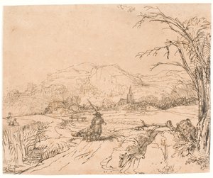Landskab med en jæger og hunde af Rembrandt van Rijn