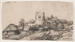 Landskab med et firkantet tårn af Rembrandt van Rijn