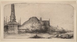 Landskab med en obelisk af Rembrandt van Rijn