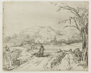 Landskab med en sportsmand og hunde af Rembrandt van Rijn