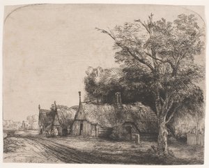 Landskab med tre gavlhuse ved siden af en vej af Rembrandt van Rijn