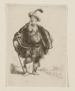 Stående mand i orientalsk dragt og pelshue med fjer af Rembrandt van Rijn