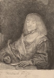 Mand ved et skrivebord iført kors og kæde, 1641. af Rembrandt van Rijn