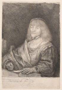 Mand ved et skrivebord, iført et kors og en kæde af Rembrandt van Rijn