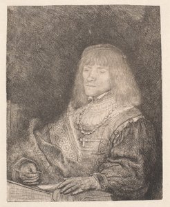 Mand ved et skrivebord, iført et kors og en kæde af Rembrandt van Rijn