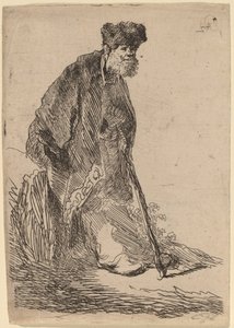 Mand i frakke og pelshue lænet op ad en bank af Rembrandt van Rijn