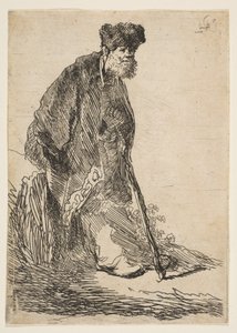 Mand i frakke og pelshue lænet op ad en banke, ca. 1630. af Rembrandt van Rijn
