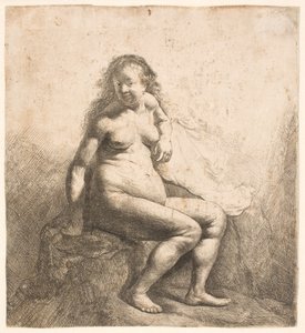 Nøgen kvinde siddende på en høj af Rembrandt van Rijn