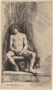 Nøgen mand siddende foran et gardin af Rembrandt van Rijn