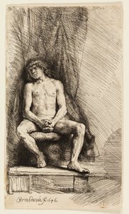Nøgen mand siddende foran et gardin af Rembrandt van Rijn