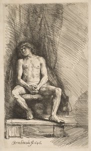 Nøgen mand siddende foran et gardin, 1646. af Rembrandt van Rijn