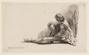 Nøgen mand siddende på jorden med et ben forlænget af Rembrandt van Rijn