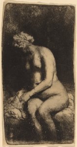 Nøgen siddende på en bænk med en pude (kvinde bader sine fødder ved en bæk) af Rembrandt van Rijn