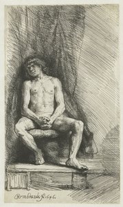 Nøgen ung mand, siddende foran et gardin Nøgen mand siddende foran et gardin af Rembrandt van Rijn