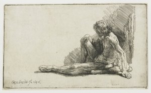 Nøgen mand siddende på jorden med det ene ben strakt af Rembrandt van Rijn