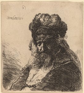 Gammel skægget mand i høj pelshue med lukkede øjne af Rembrandt van Rijn