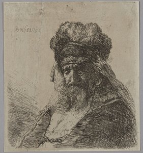 Gammel, skægget mand med høj pelshue og lukkede øjne af Rembrandt van Rijn