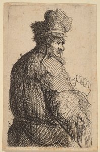 Gammel mand set bagfra, i profil mod højre af Rembrandt van Rijn