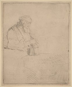 En gammel mand i meditation, der læner sig op ad en bog af Rembrandt van Rijn