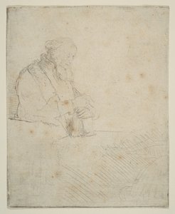 Gammel mand i meditation, lænet sig op ad en bog, ca. 1645. af Rembrandt van Rijn