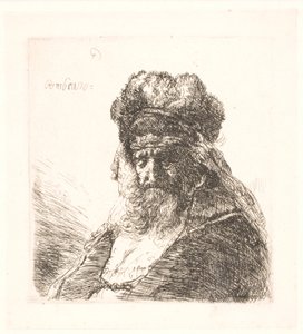 Gammel skægget mand i høj pelshue med lukkede øjne af Rembrandt van Rijn