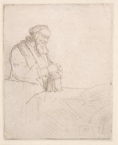 En ældre mand i meditation, der læner sig op ad en bog af Rembrandt van Rijn