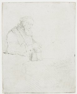 En ældre mand i meditation, der læner sig op ad en bog af Rembrandt van Rijn