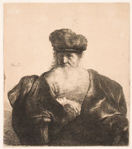 En siddende gammel mand med et langt skæg, en pelshue og en fløjlskappe af Rembrandt van Rijn