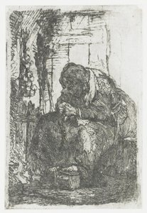 Gammel kvinde med løg, siddende i en hytte af Rembrandt van Rijn