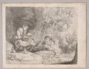 En hyrde, der spiller på fløjte (Omval-udsigt med hyrde og fløjtespiller) af Rembrandt van Rijn