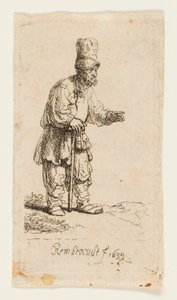 Bonde i høj Kasket, Stående lænet på en Stok af Rembrandt van Rijn